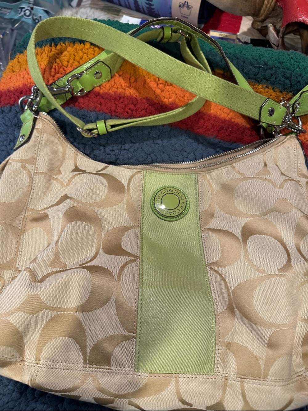 Coach Beige Signature Canvas Shoulder Bag with Lime Green Accent